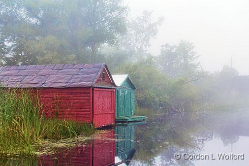 Boathouses In Fog_25582.jpg - Photographed along the Rideau Canal Waterway at Smiths Falls, Ontario, Canada.